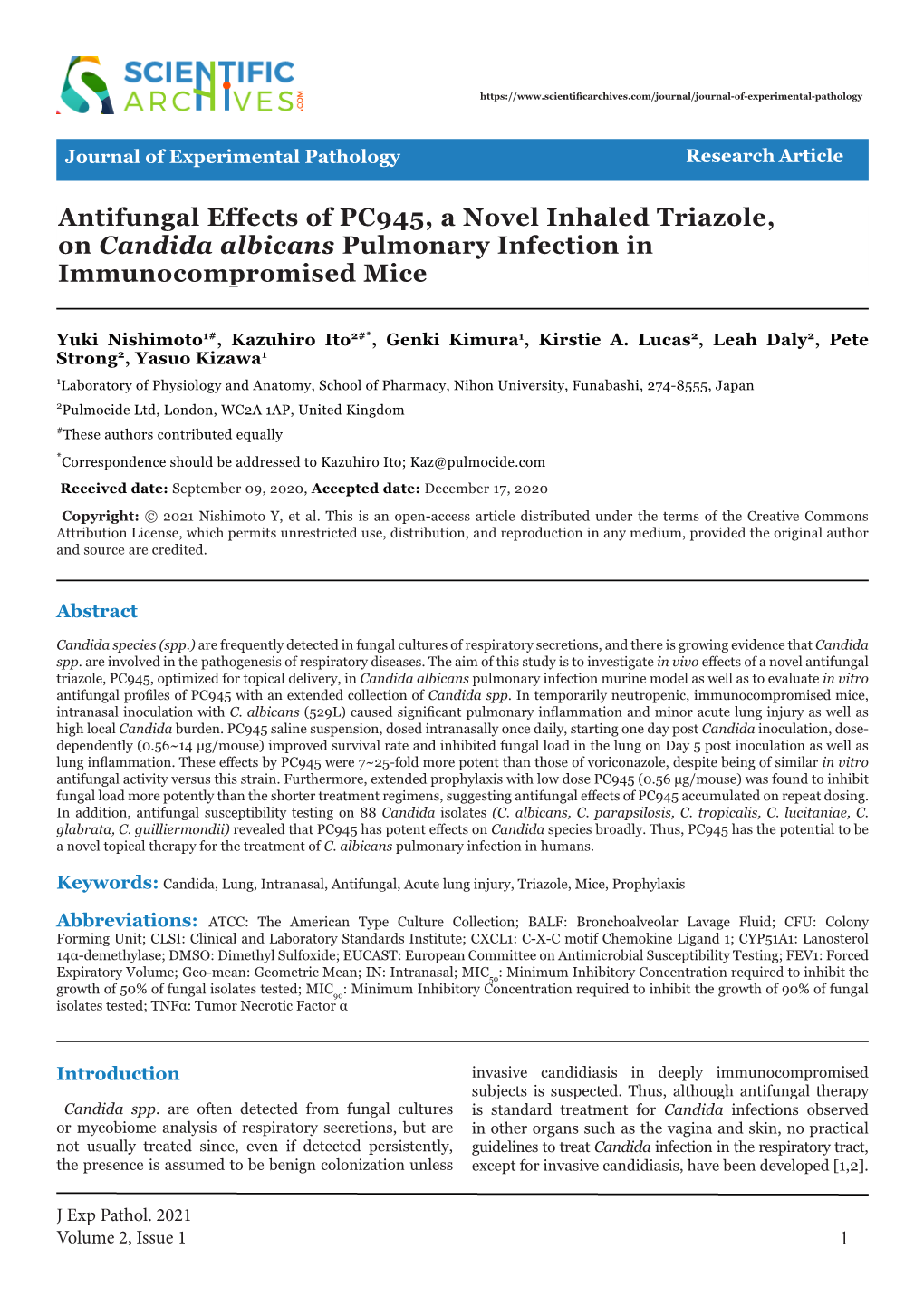 Antifungal Effects of PC945, a Novel Inhaled Triazole, on Candida Albicans Pulmonary Infection in Immunocompromised Mice