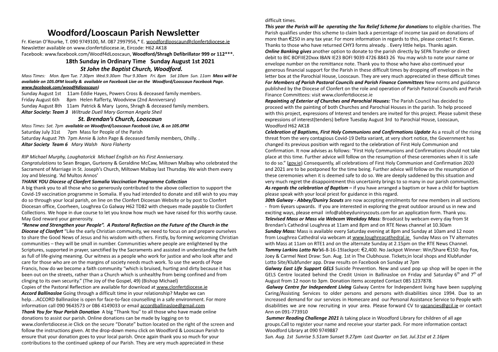 Woodford/Looscaun Parish Newsletter Parish Qualifies Under This Scheme to Claim Back a Percentage of Income Tax Paid on Donations of € Fr