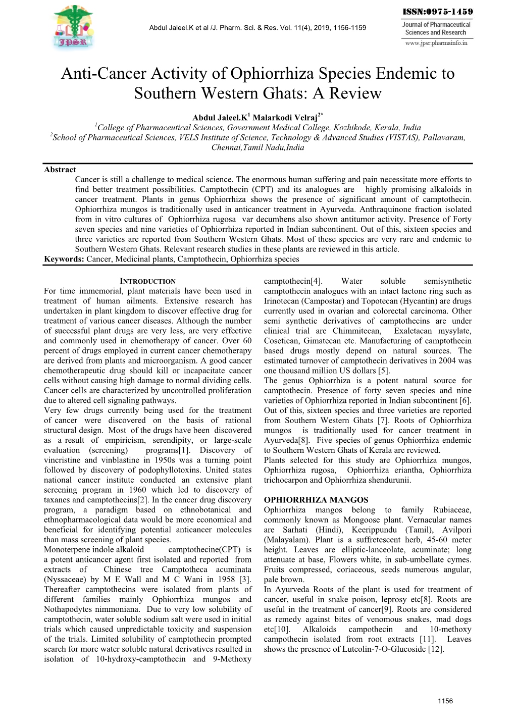 Anti-Cancer Activity of Ophiorrhiza Species Endemic to Southern Western Ghats: a Review