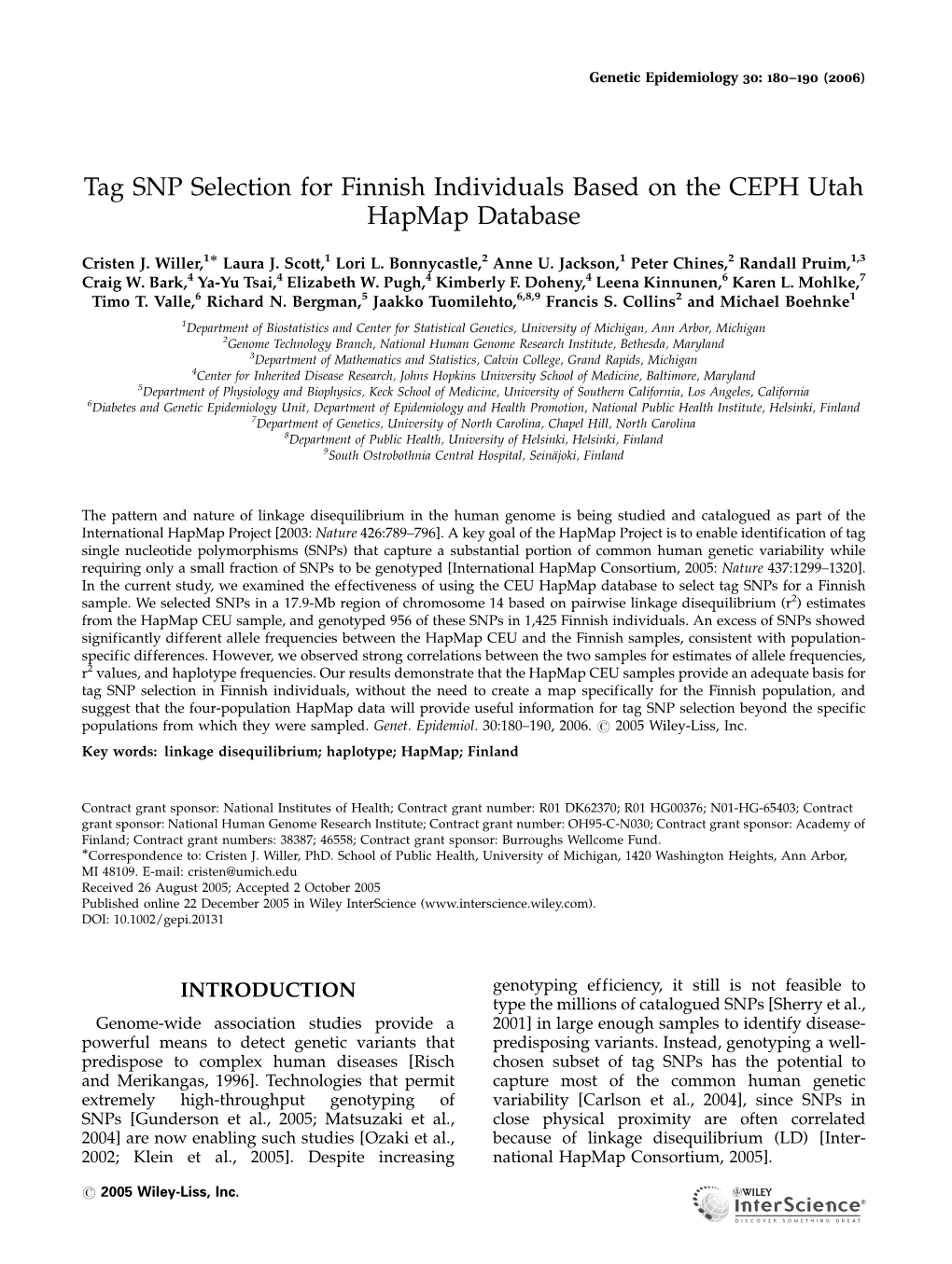 Tag SNP Selection for Finnish Individuals Based on the CEPH Utah Hapmap Database