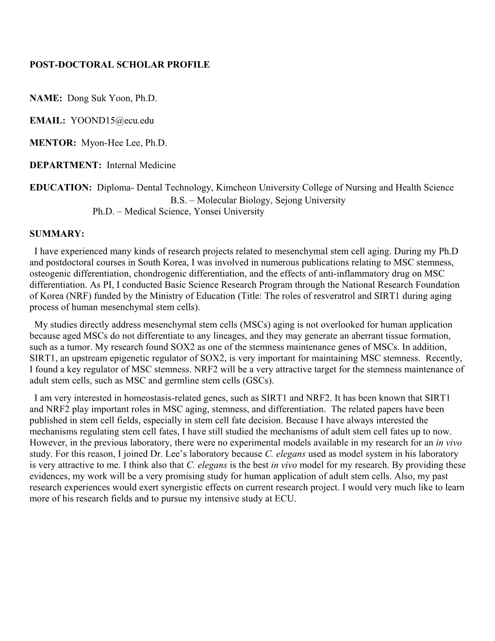 Post-Doctoral Scholar Profile