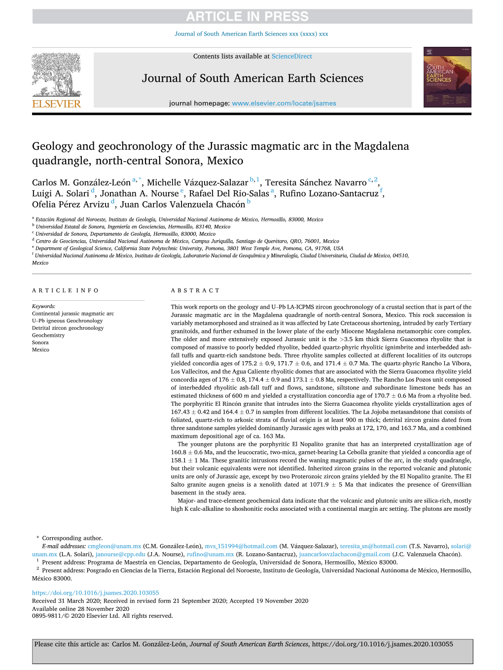 Geology and Geochronology of the Jurassic Magmatic Arc in the Magdalena Quadrangle, North-Central Sonora, Mexico