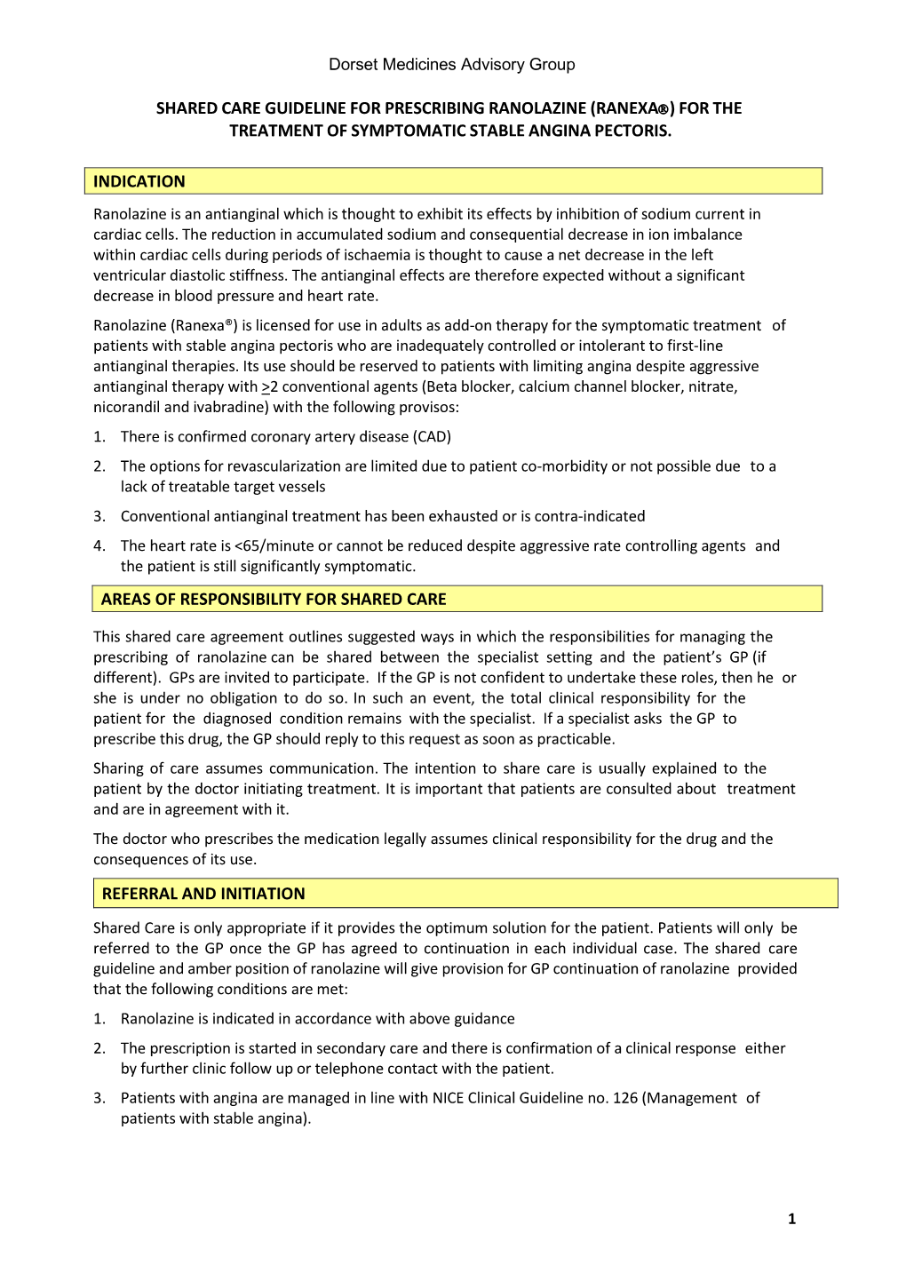 Shared Care Guideline for Prescribing Ranolazine (Ranexa )