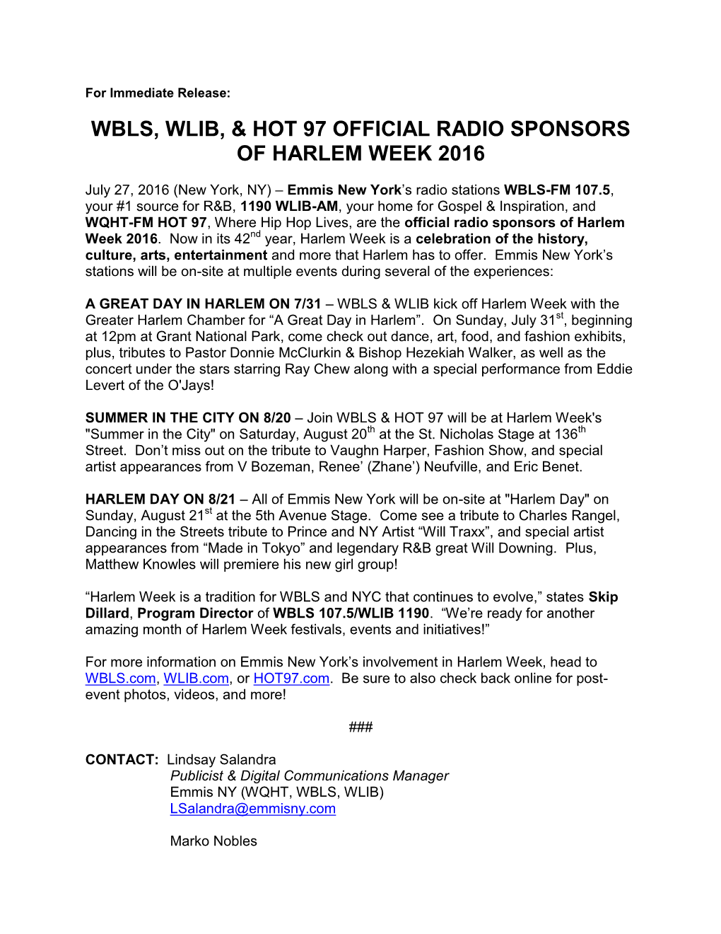 Wbls, Wlib, & Hot 97 Official Radio Sponsors of Harlem