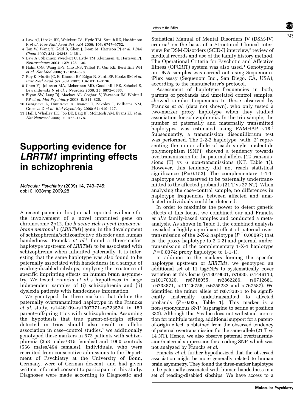 Supporting Evidence for LRRTM1 Imprinting Effects in Schizophrenia