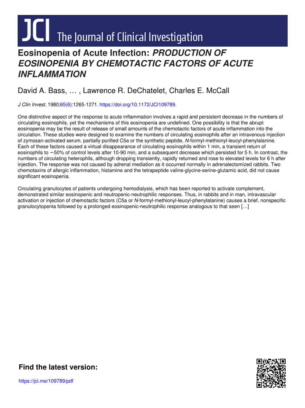 Eosinopenia of Acute Infection: PRODUCTION of EOSINOPENIA by CHEMOTACTIC FACTORS of ACUTE INFLAMMATION