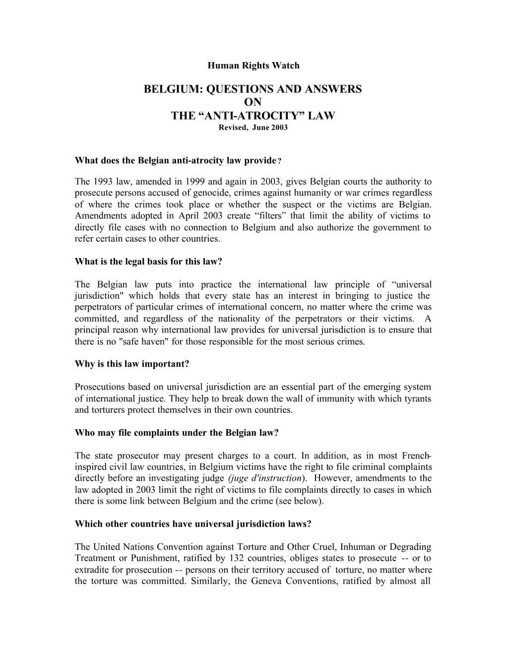 BELGIUM: QUESTIONS and ANSWERS on the “ANTI-ATROCITY” LAW Revised, June 2003