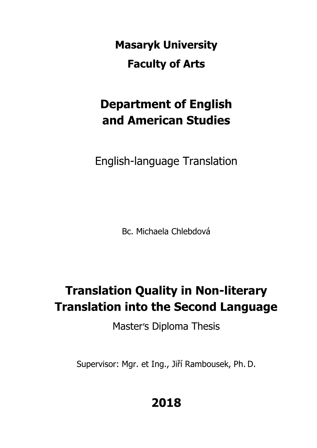 Department of English and American Studies Translation Quality in Non