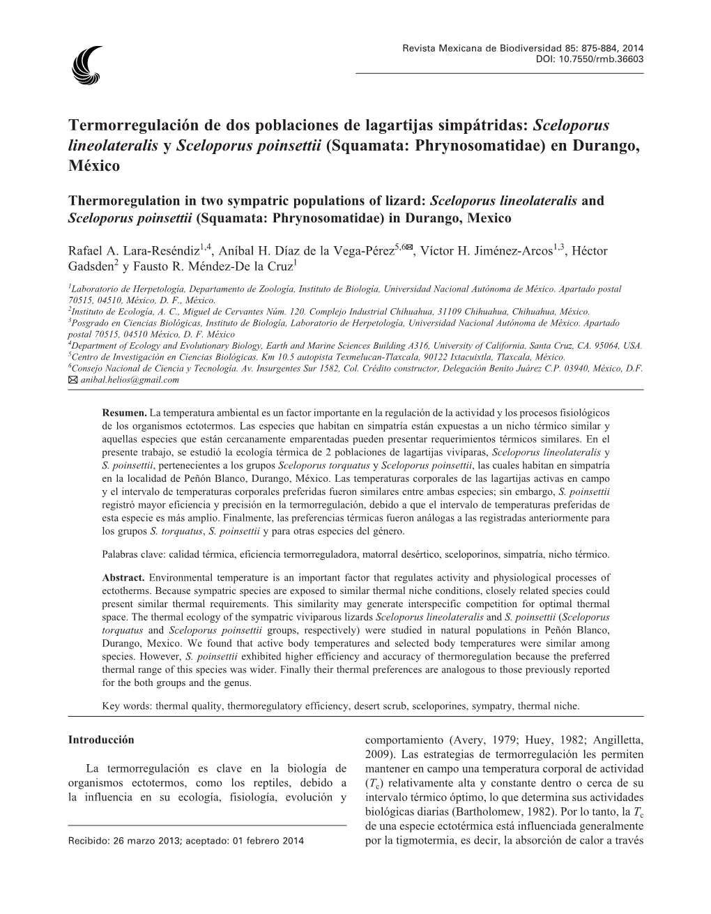 Termorregulación De Dos Poblaciones De Lagartijas Simpátridas: Sceloporus Lineolateralis Y Sceloporus Poinsettii (Squamata: Phrynosomatidae) En Durango, México