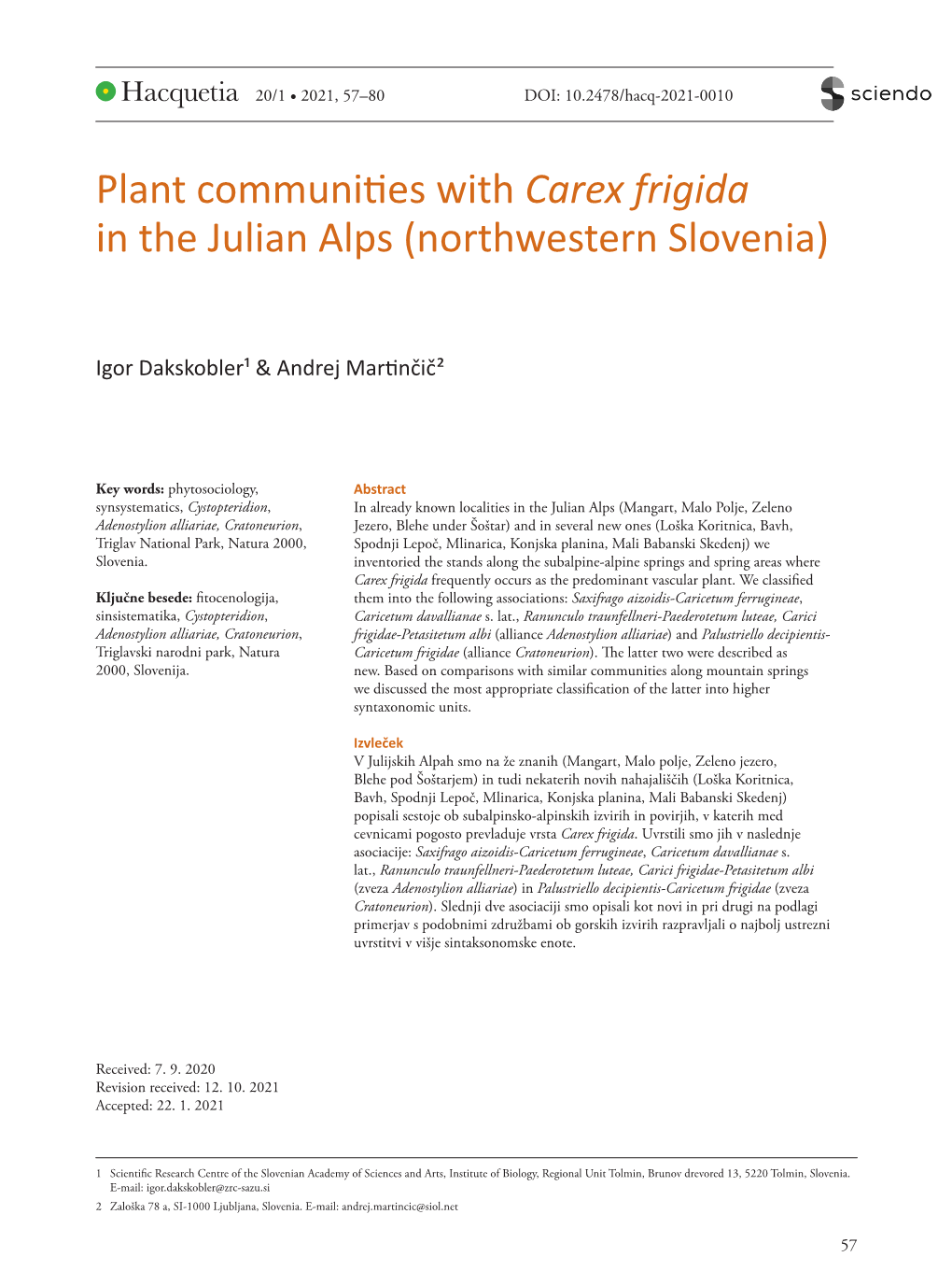 Plant Communities with Carex Frigida in the Julian Alps (Northwestern Slovenia)