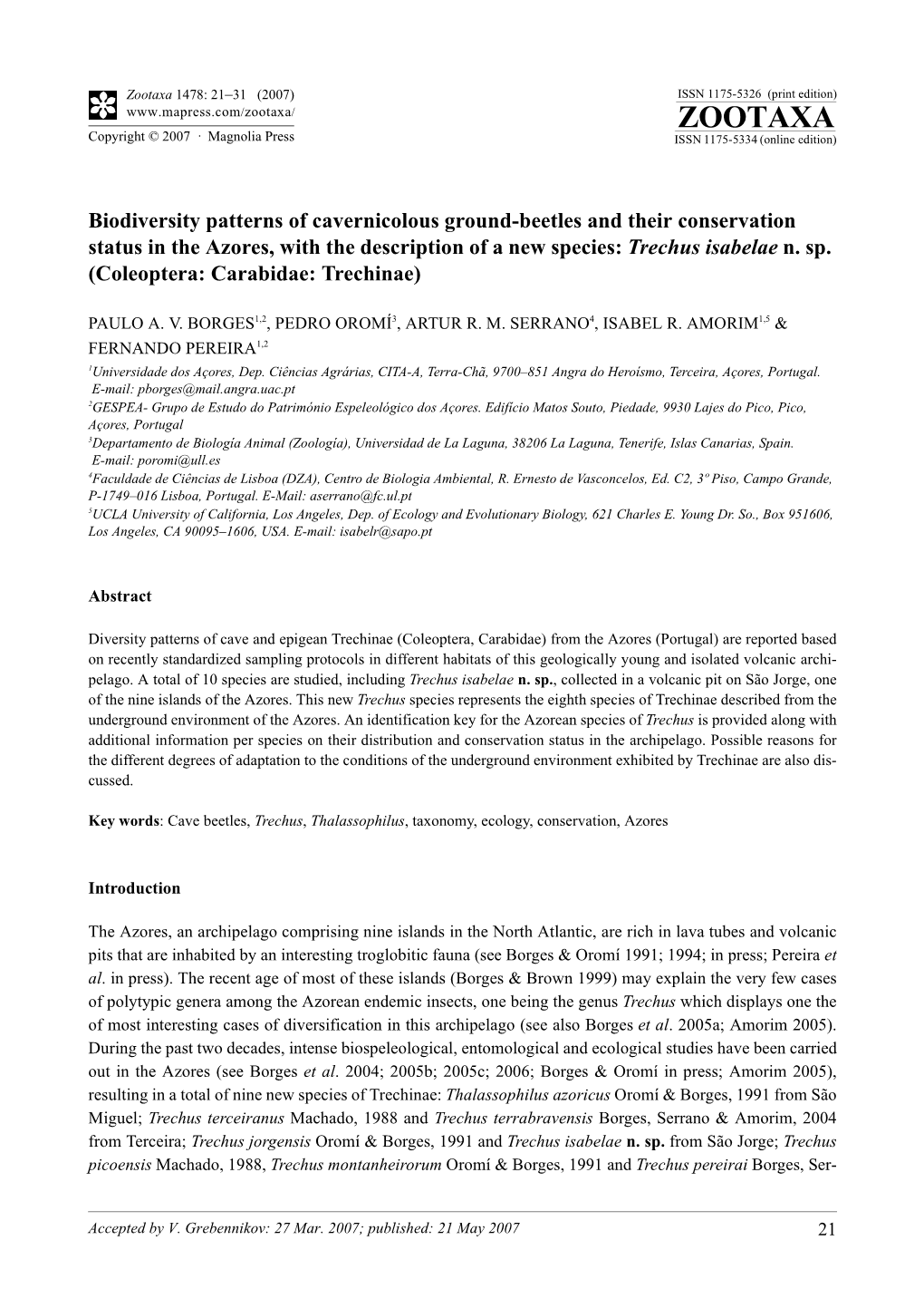 Zootaxa,Biodiversity Patterns of Cavernicolous Ground-Beetles And