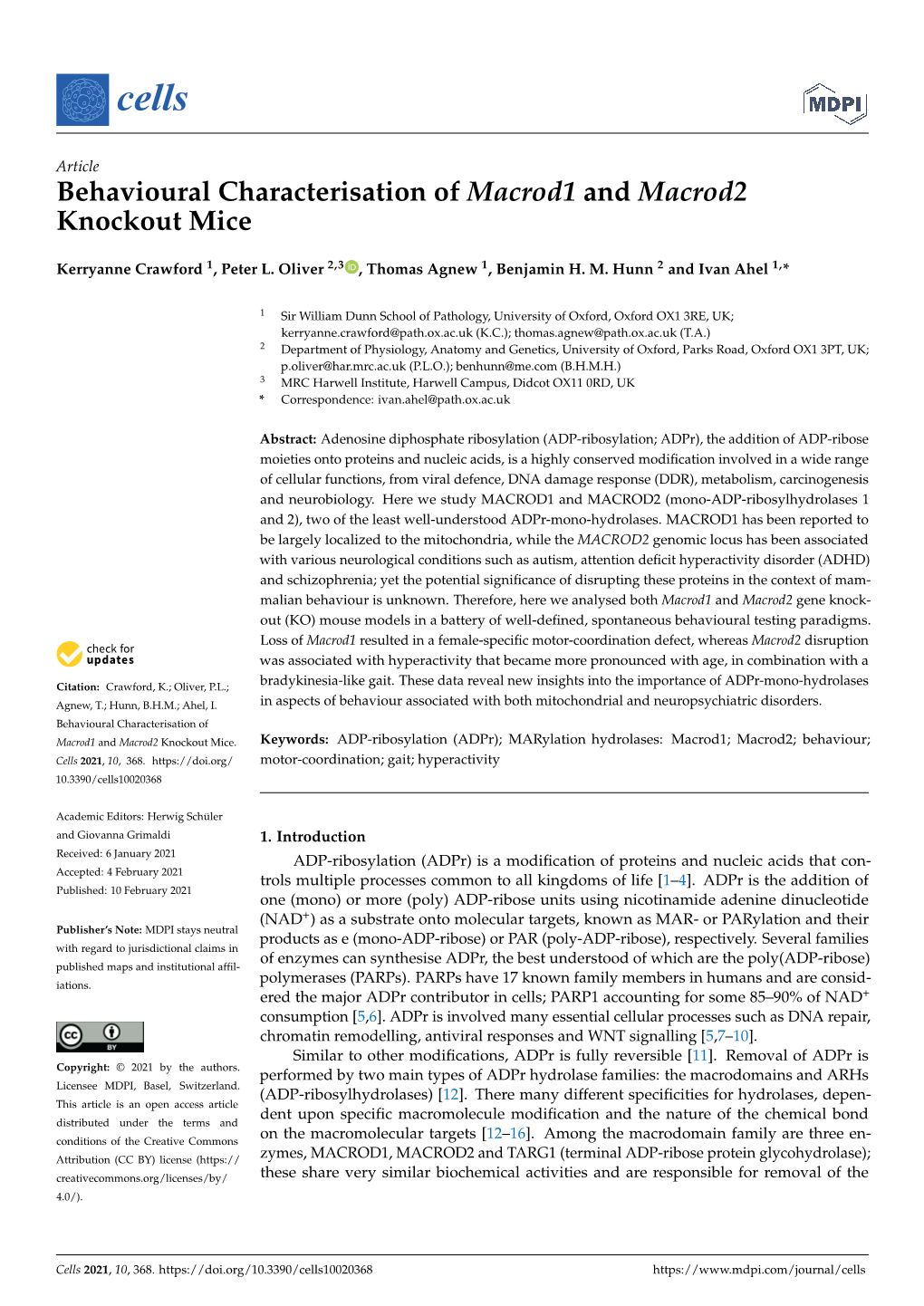 Behavioural Characterisation of Macrod1 and Macrod2 Knockout Mice