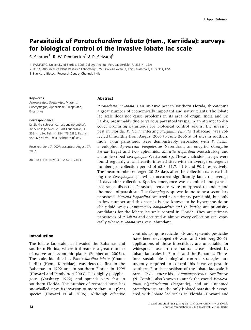 Parasitoids of Paratachardina Lobata (Hem., Kerriidae): Surveys for Biological Control of the Invasive Lobate Lac Scale S
