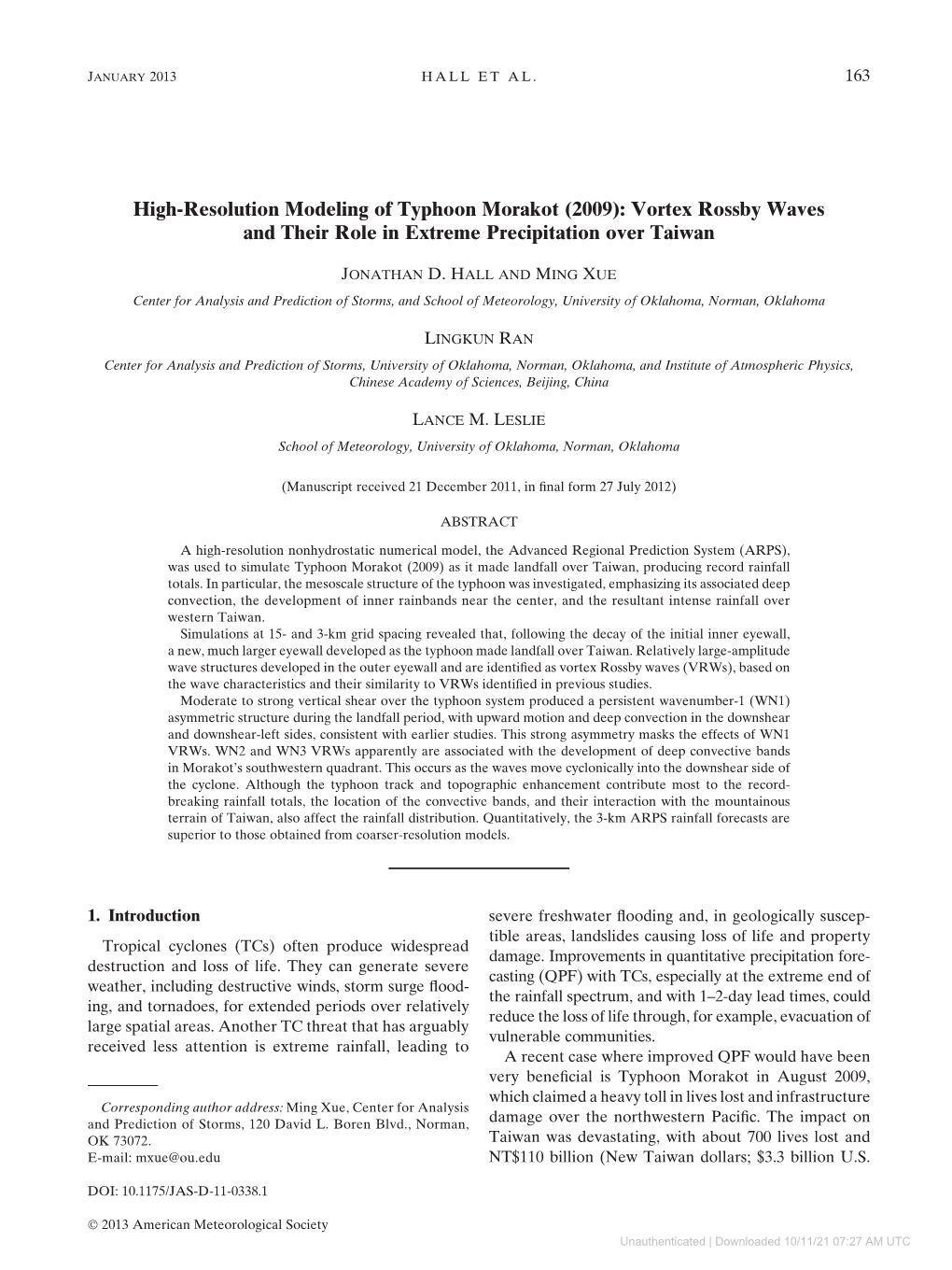 Downloaded 10/11/21 07:27 AM UTC 164 JOURNAL of the ATMOSPHERIC SCIENCES VOLUME 70 Dollars) in Damage, Mainly Owing to Freshwater ﬂooding During the Event