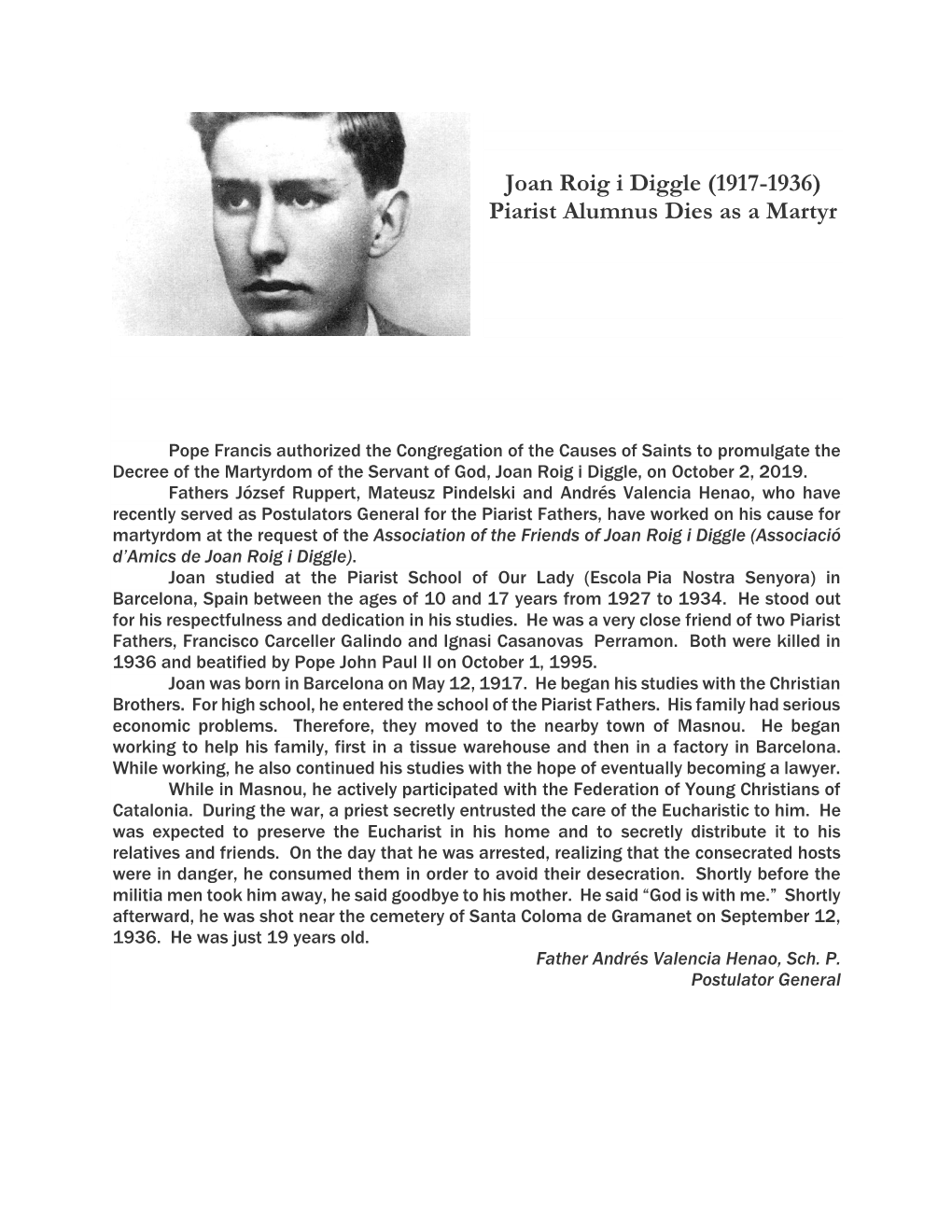 Joan Roig I Diggle (1917-1936) Piarist Alumnus Dies As a Martyr