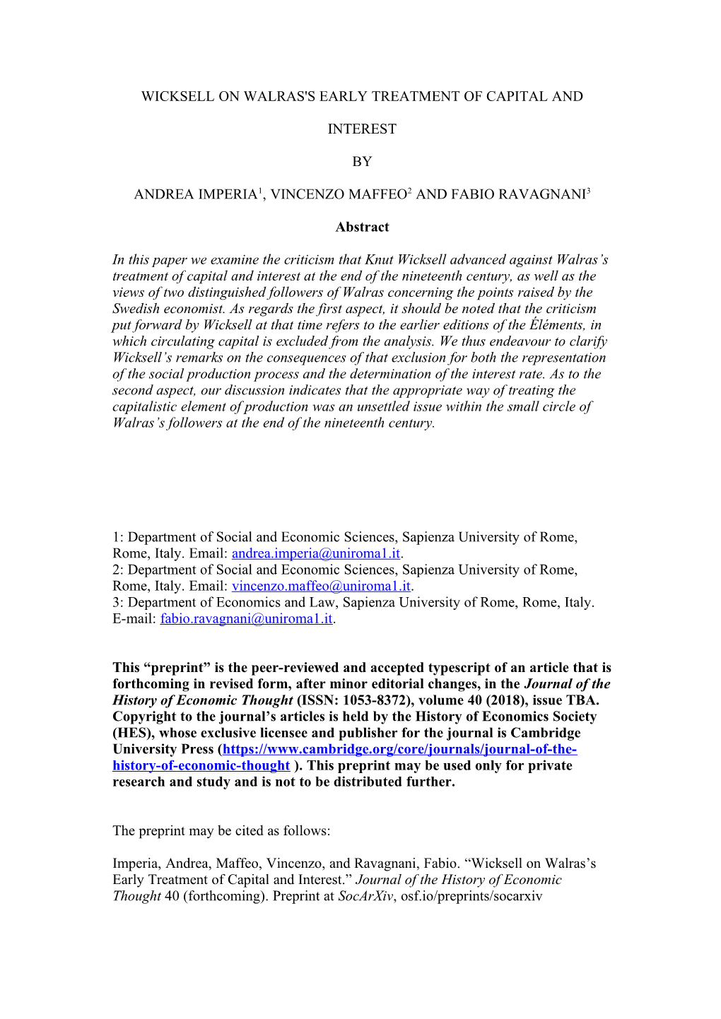 WICKSELL on WALRAS's EARLY TREATMENT of CAPITAL and INTEREST by ANDREA IMPERIA1, VINCENZO MAFFEO2 and FABIO RAVAGNANI3 Abstract