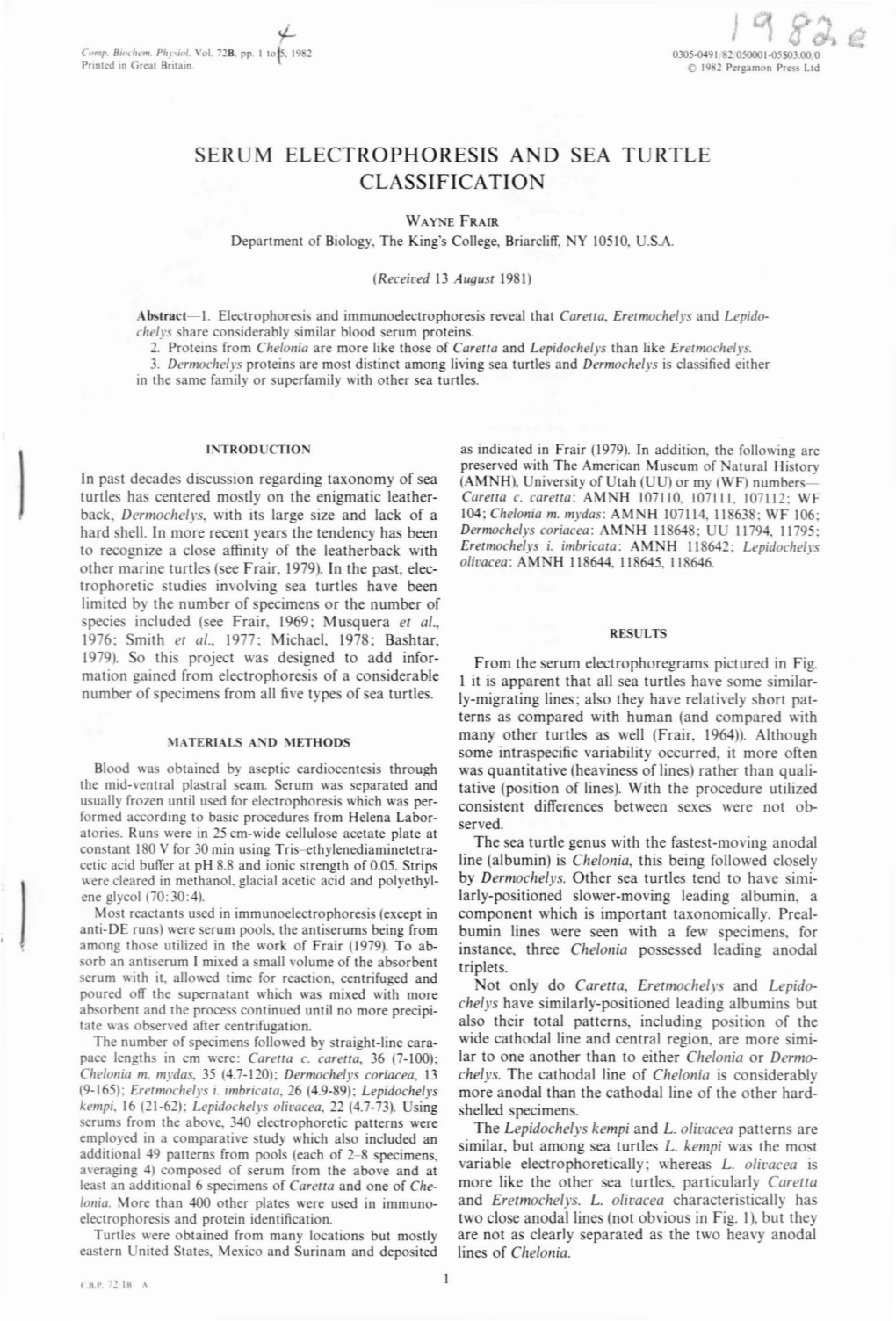 Serum Electrophoresis and Sea Turtle Classification