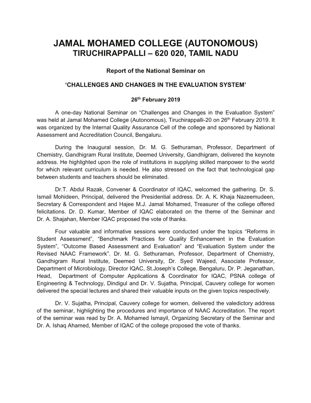 Jamal Mohamed College (Autonomous) Tiruchirappalli – 620 020, Tamil Nadu