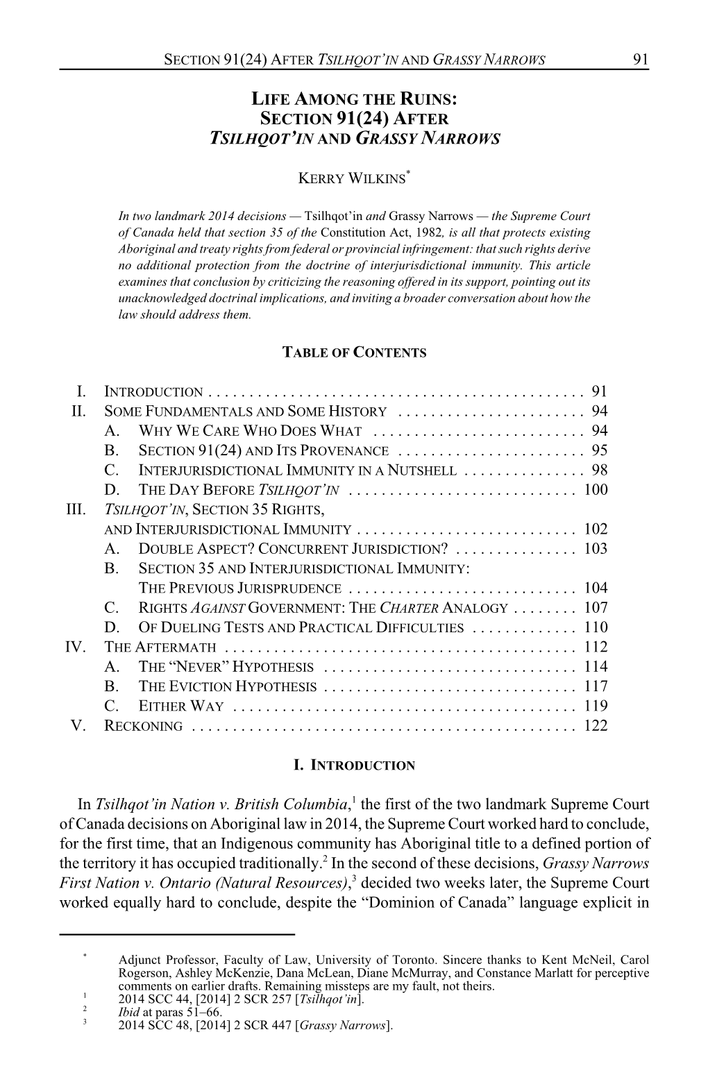 Section 91(24) After Tsilhqot’In and Grassy Narrows 91