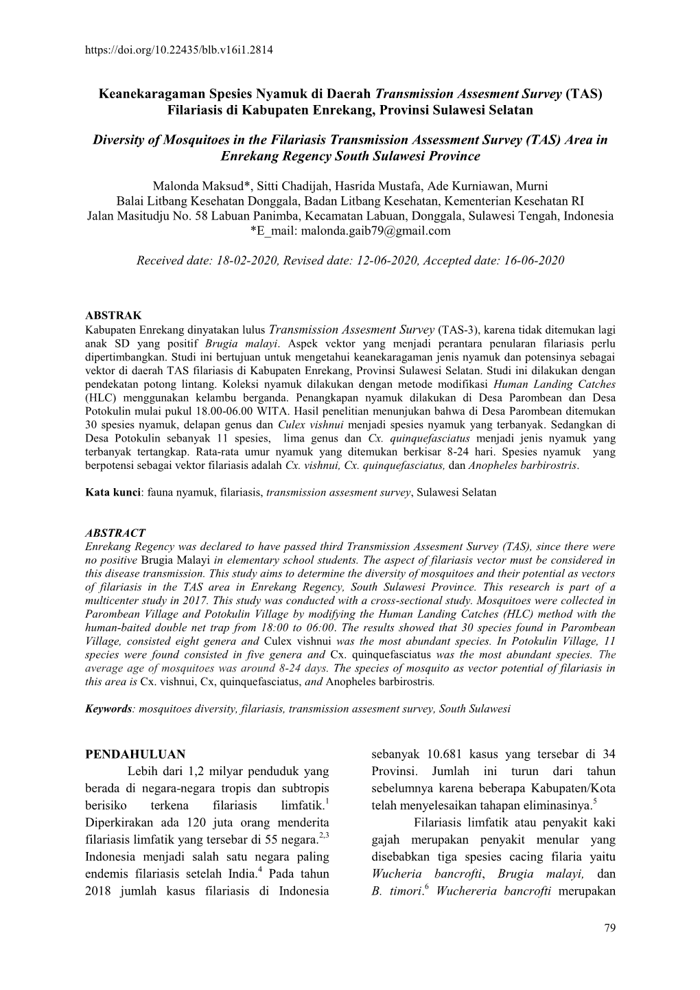 Keanekaragaman Spesies Nyamuk Di Daerah Transmission Assesment Survey (TAS) Filariasis Di Kabupaten Enrekang, Provinsi Sulawesi Selatan