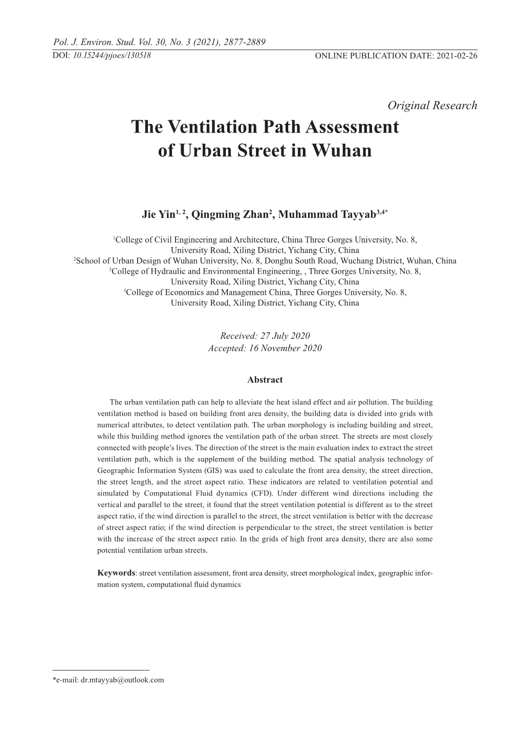 The Ventilation Path Assessment of Urban Street in Wuhan