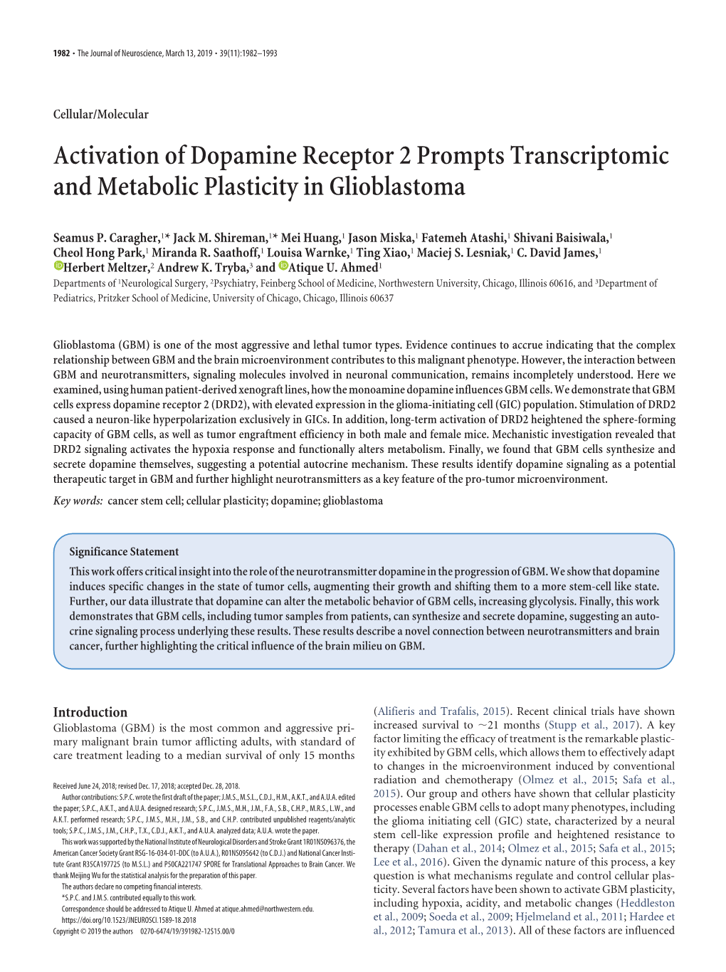 Activation of Dopamine Receptor 2 Prompts Transcriptomic and Metabolic Plasticity in Glioblastoma