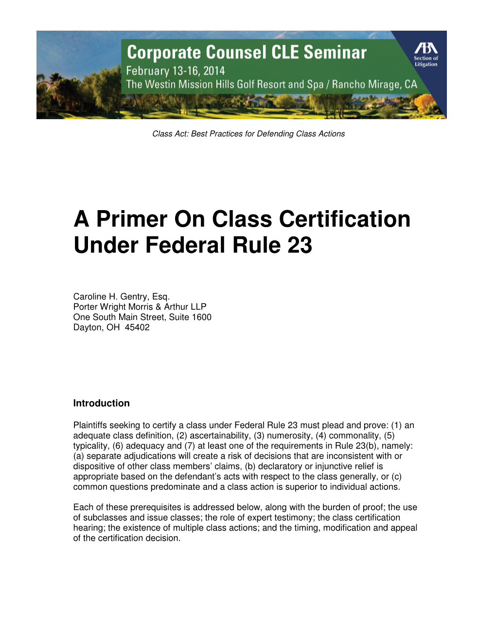 A Primer on Class Certification Under Federal Rule 23