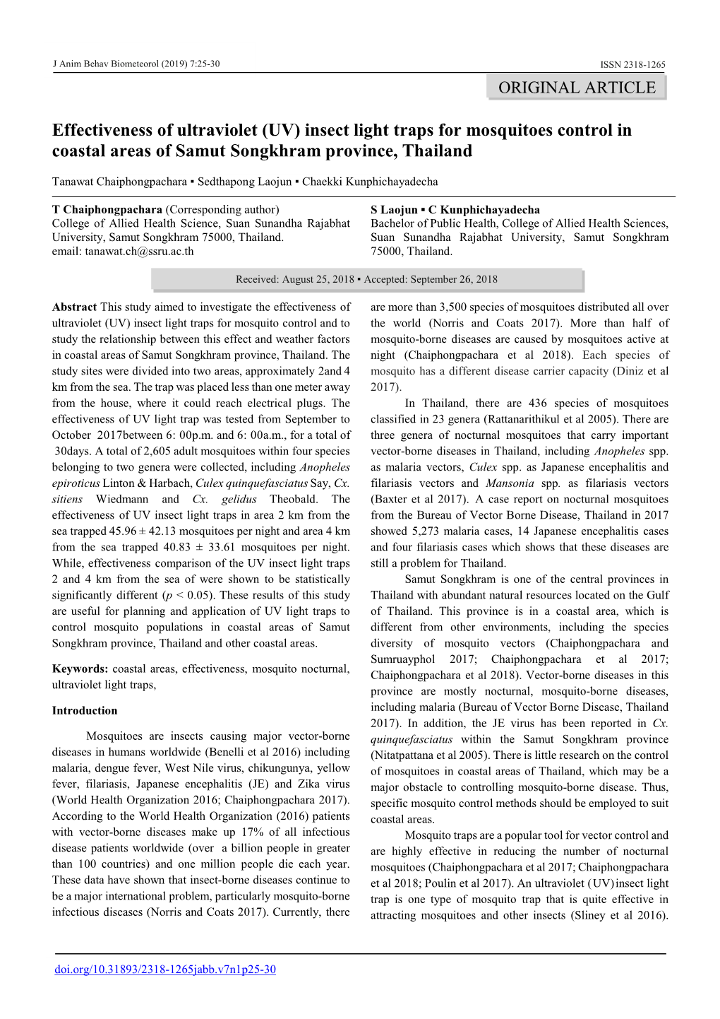 (UV) Insect Light Traps for Mosquitoes Control in Coastal Areas of Samut Songkhram Province, Thailand