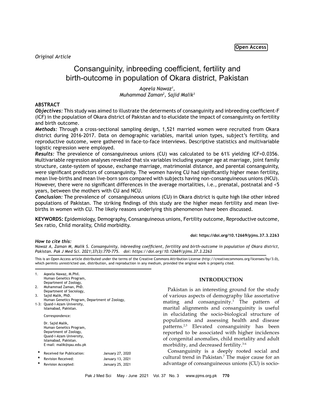 Consanguinity, Inbreeding Coefficient, Fertility and Birth-Outcome In