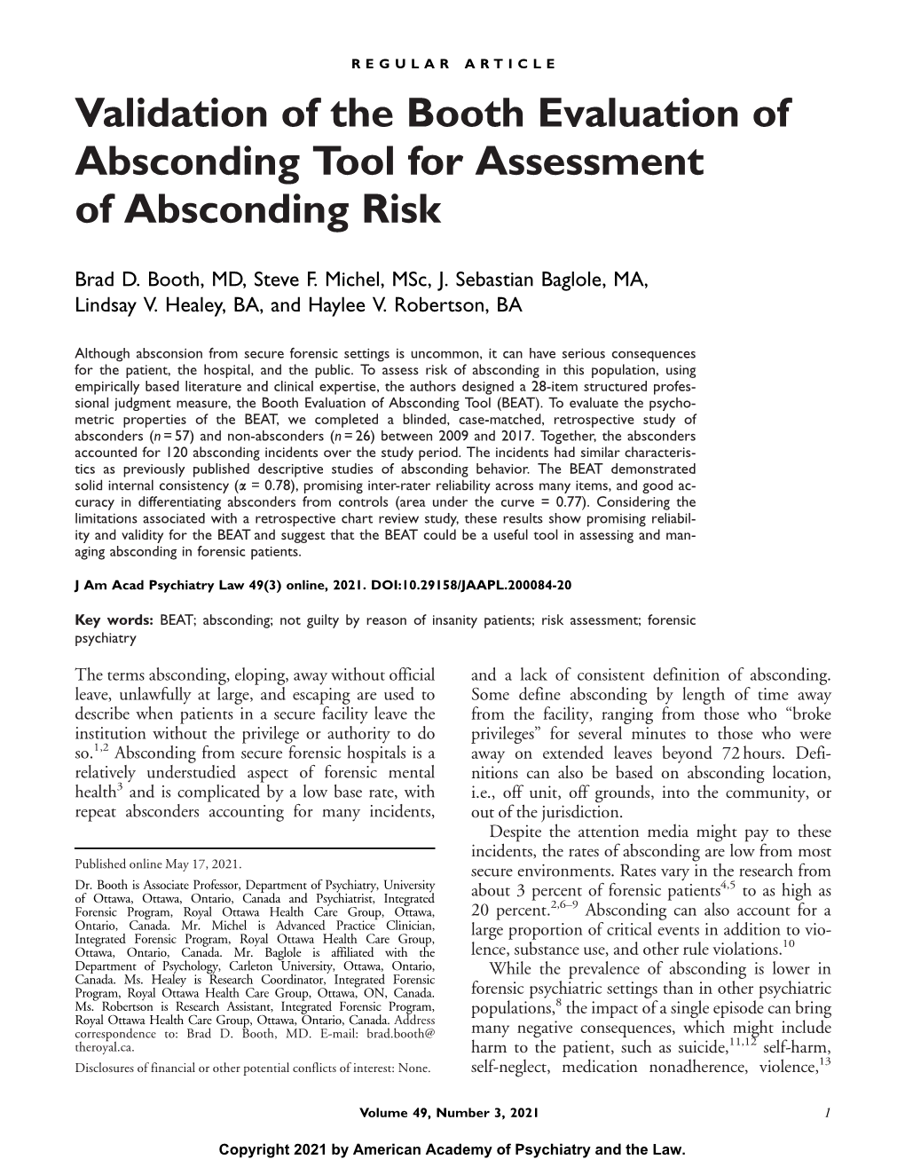 Validation of the Booth Evaluation of Absconding Tool for Assessment of Absconding Risk