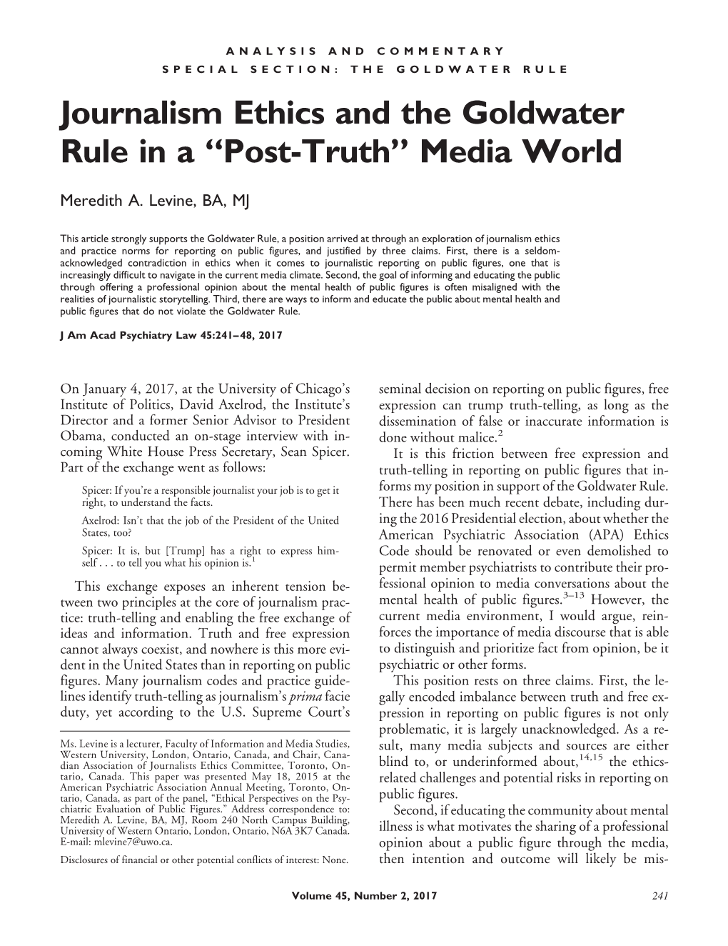 Journalism Ethics and the Goldwater Rule in a “Post-Truth” Media World