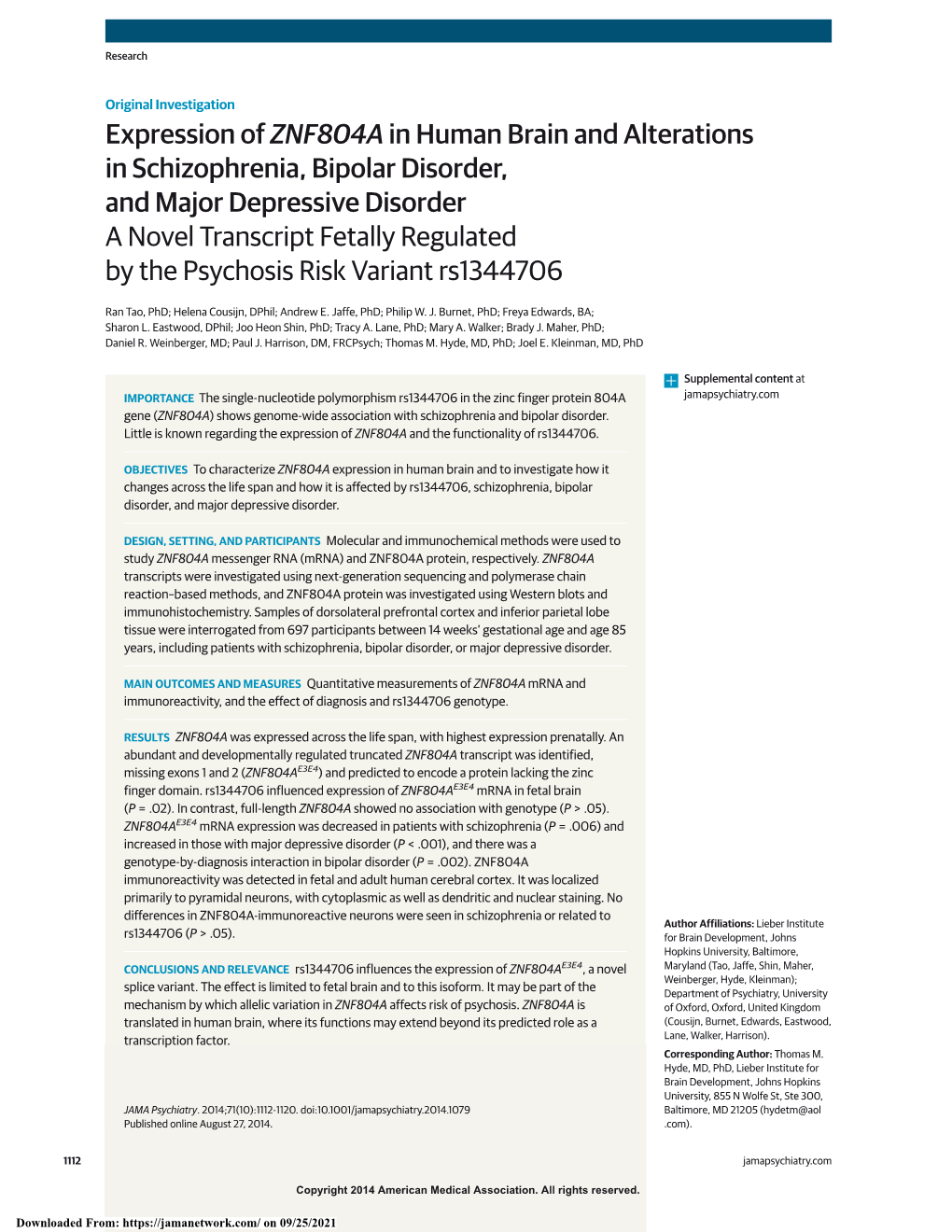 Expression of ZNF804A in Human Brain And