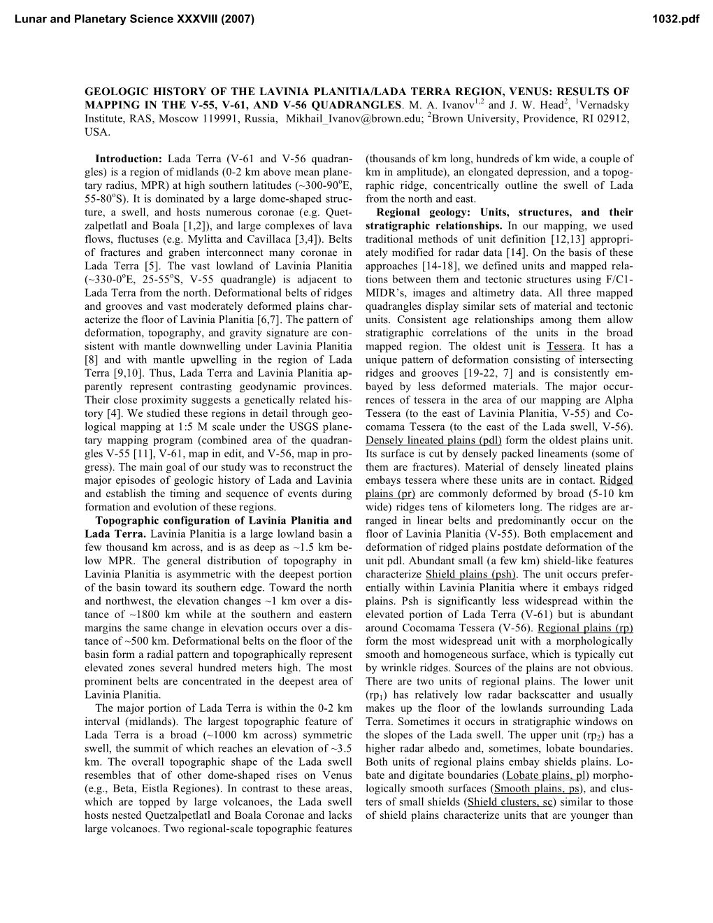 Geologic History of the Lavinia Planitia/Lada Terra Region, Venus: Results of Mapping in the V-55, V-61, and V-56 Quadrangles