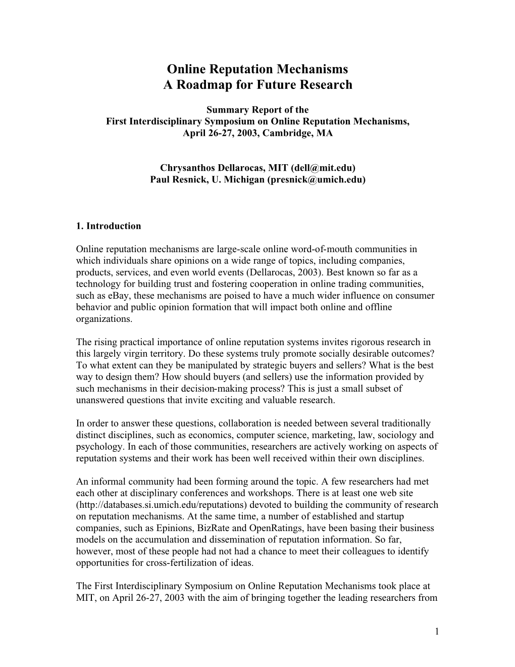 Online Reputation Mechanisms a Roadmap for Future Research