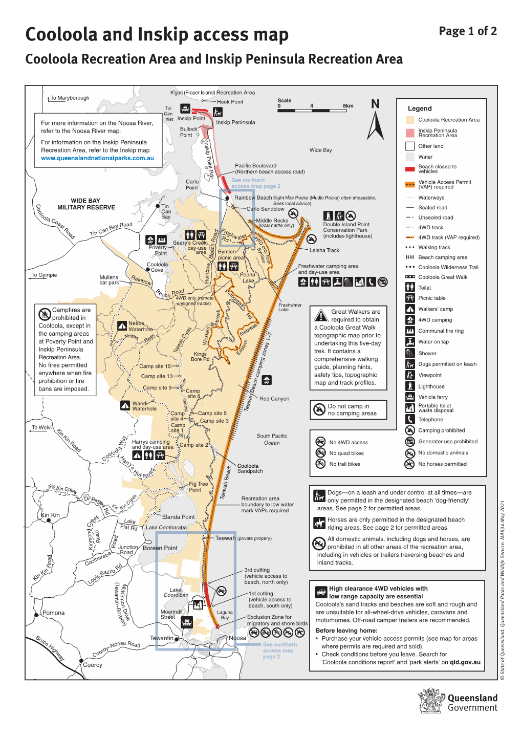 Cooloola and Inskip Access Map Page 1 of 2 Cooloola Recreation Area and Inskip Peninsula Recreation Area