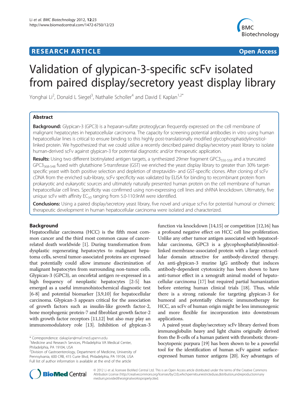 Validation of Glypican-3-Specific Scfv Isolated from Paired Display/Secretory Yeast Display Library