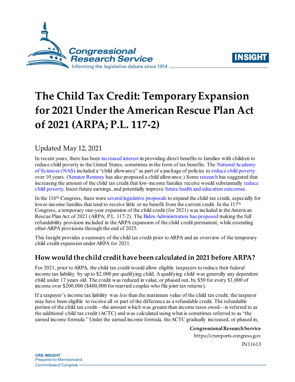 The Child Tax Credit: Temporary Expansion for 2021 Under the American Rescue Plan Act of 2021 (ARPA; P.L