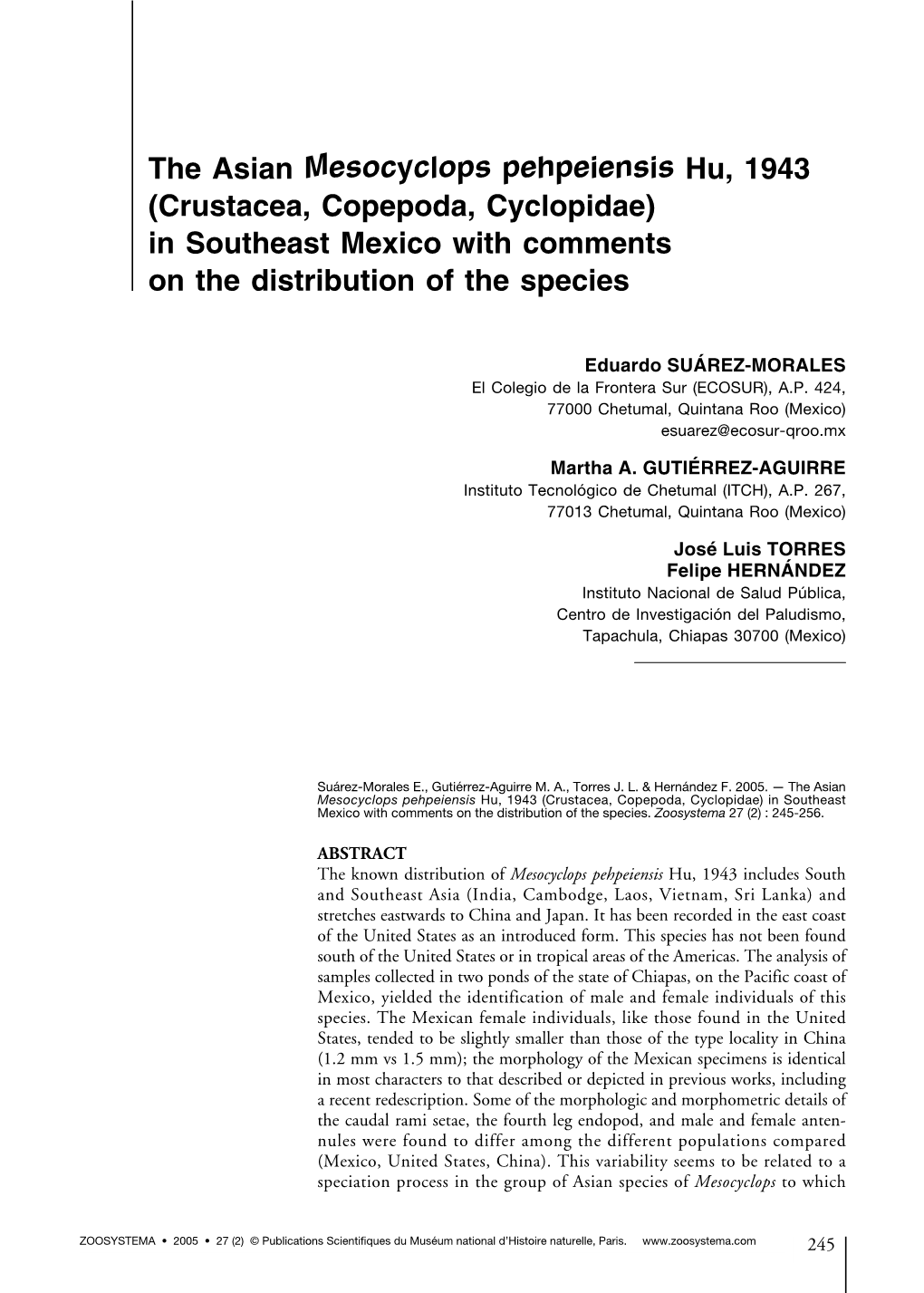 The Asian Mesocyclops Pehpeiensis Hu, 1943 (Crustacea, Copepoda, Cyclopidae) in Southeast Mexico with Comments on the Distribution of the Species