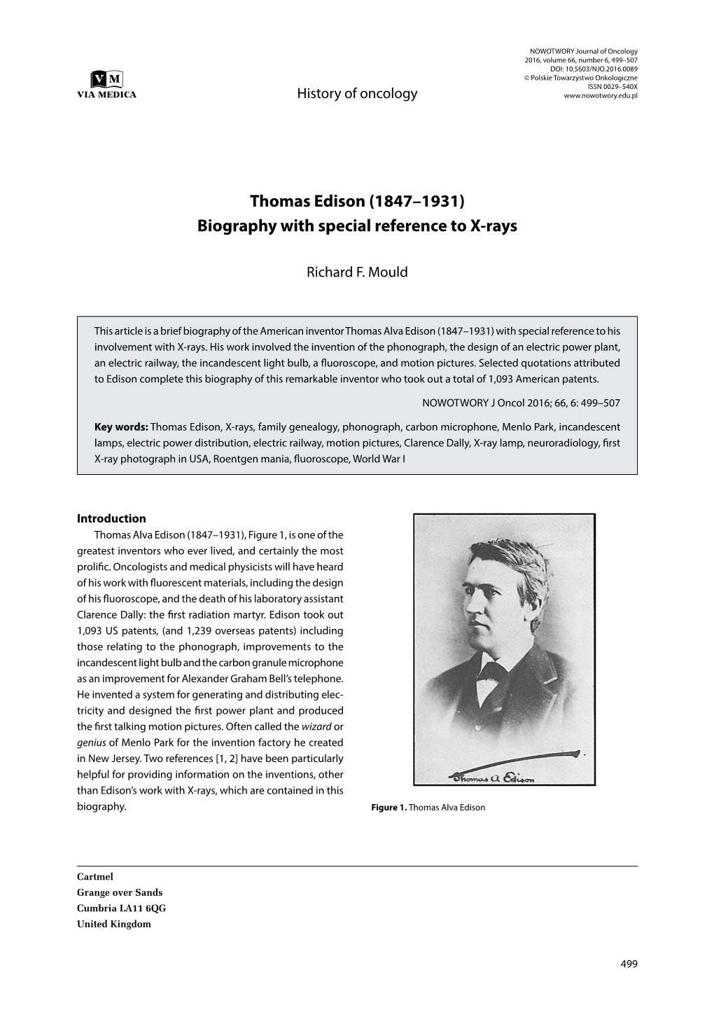 Thomas Edison (1847–1931) Biography with Special Reference to X-Rays