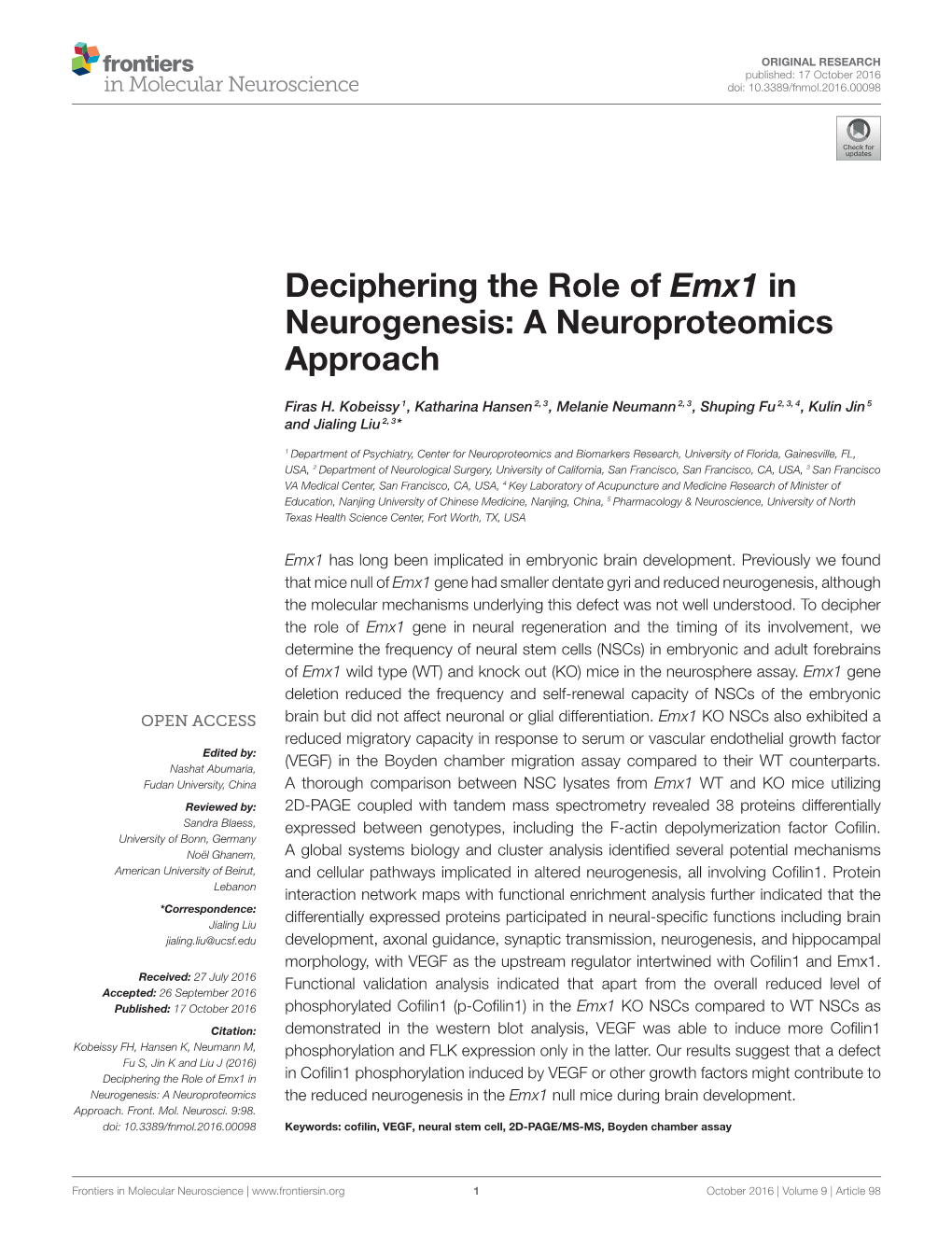 Deciphering the Role of Emx1 in Neurogenesis: a Neuroproteomics Approach