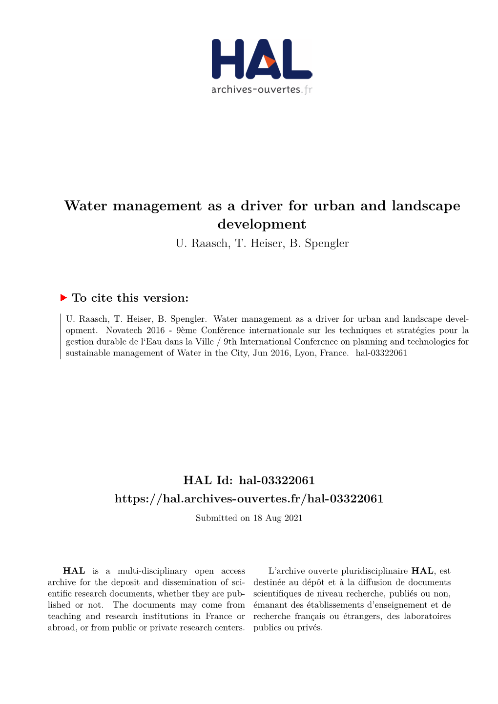 Water Management As a Driver for Urban and Landscape Development U