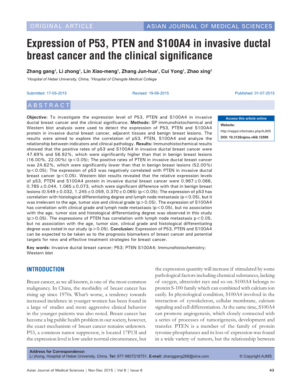 Expression of P53, PTEN and S100A4 in Invasive Ductal Breast Cancer and the Clinical Signiﬁ Cance