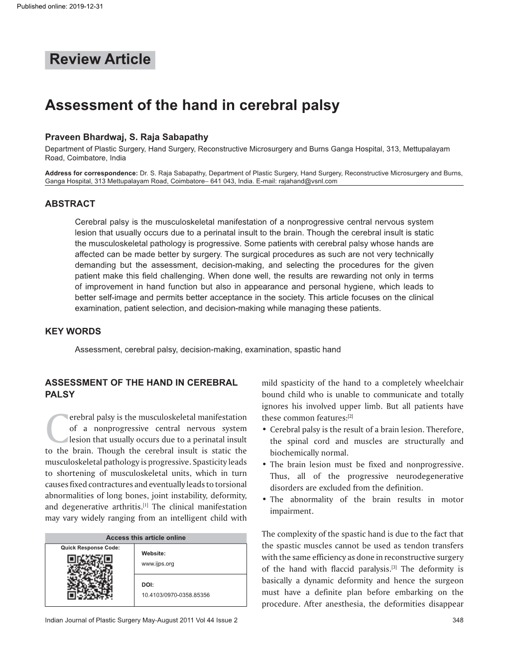 Assessment of the Hand in Cerebral Palsy