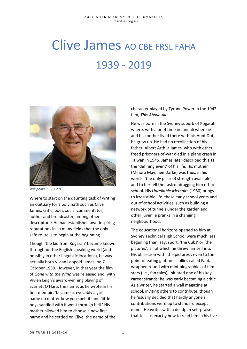 Clive James AO CBE FRSL FAHA 1939 - 2019