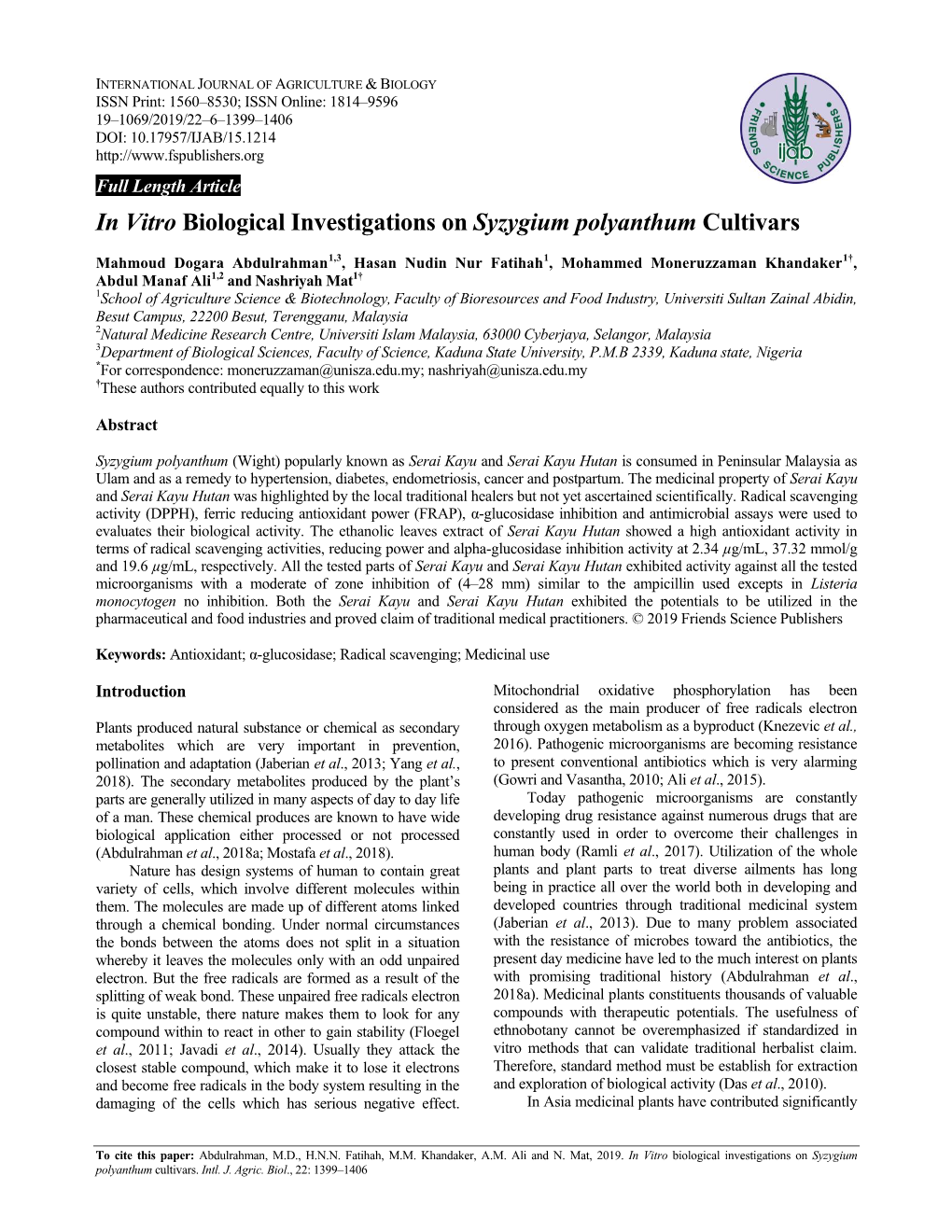 In Vitro Biological Investigations on Syzygium Polyanthum Cultivars