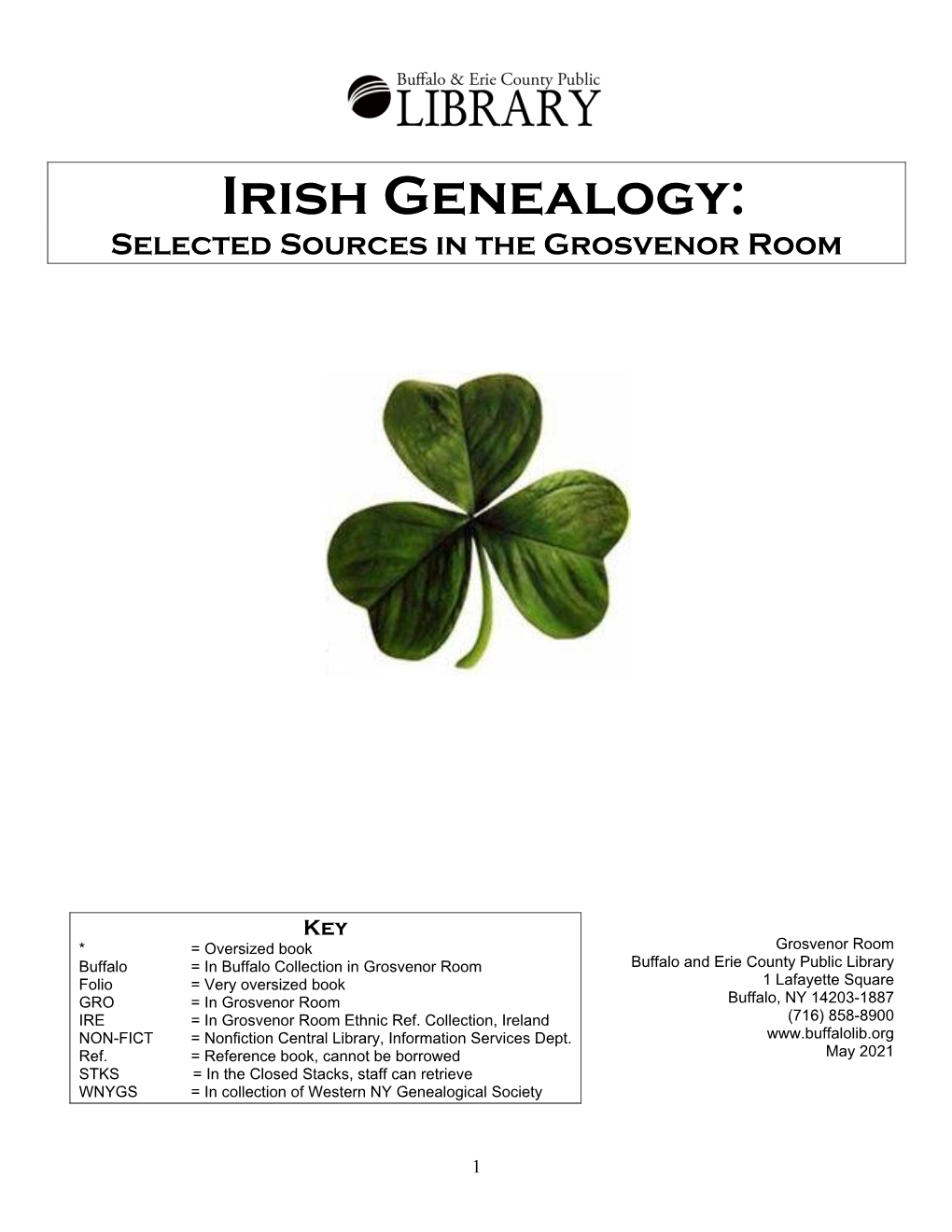 Irish Genealogy: Selected Sources in the Grosvenor Room