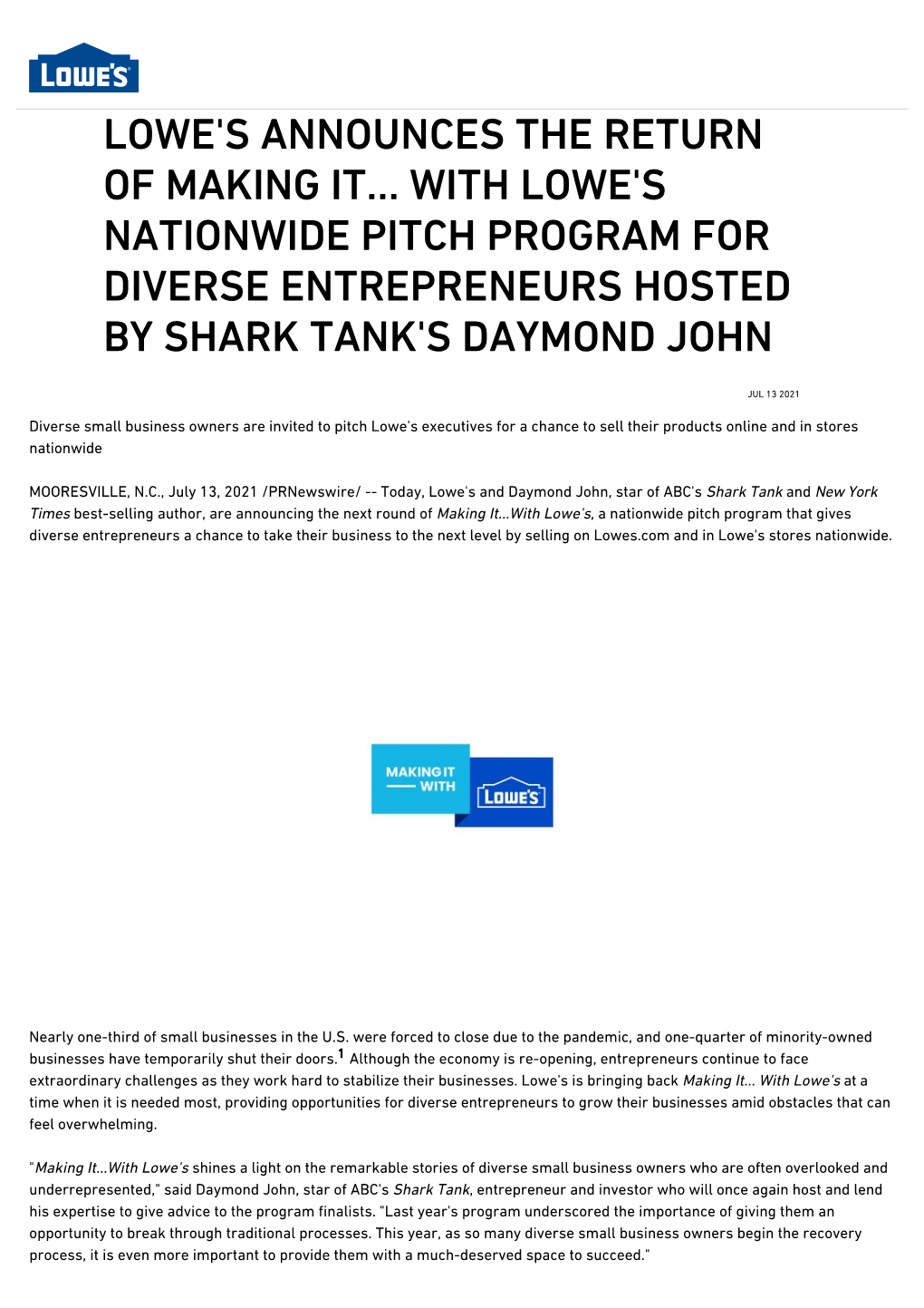 Lowe's Announces the Return of Making It… with Lowe's Nationwide Pitch Program for Diverse Entrepreneurs Hosted by Shark Tank's Daymond John