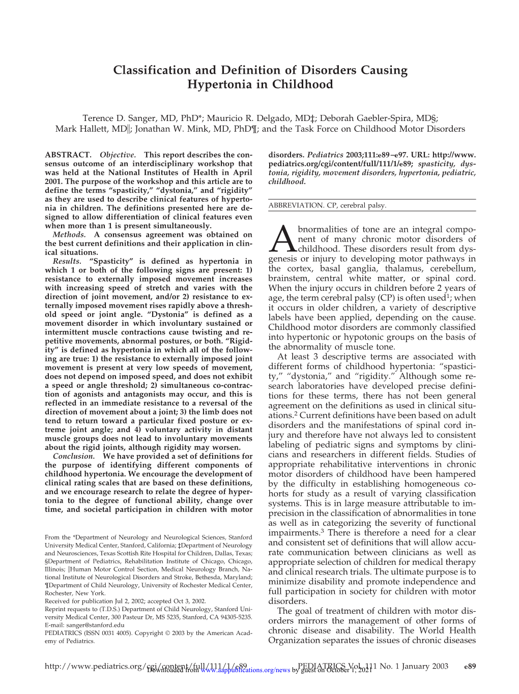 Classification and Definition of Disorders Causing Hypertonia in Childhood