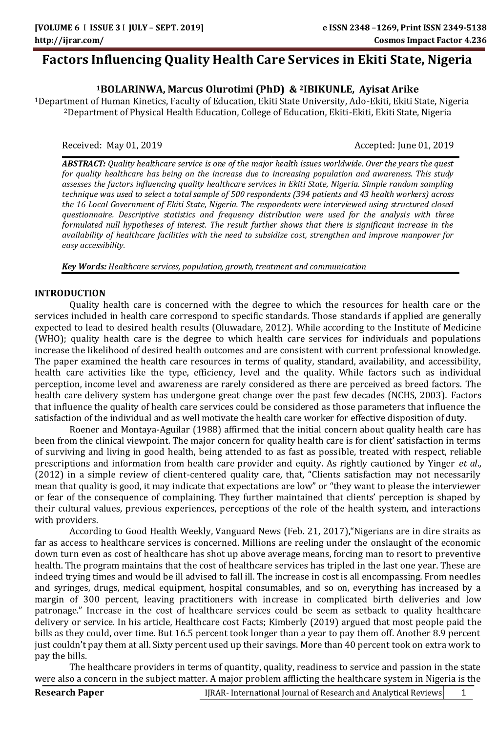 Factors Influencing Quality Health Care Services in Ekiti State, Nigeria