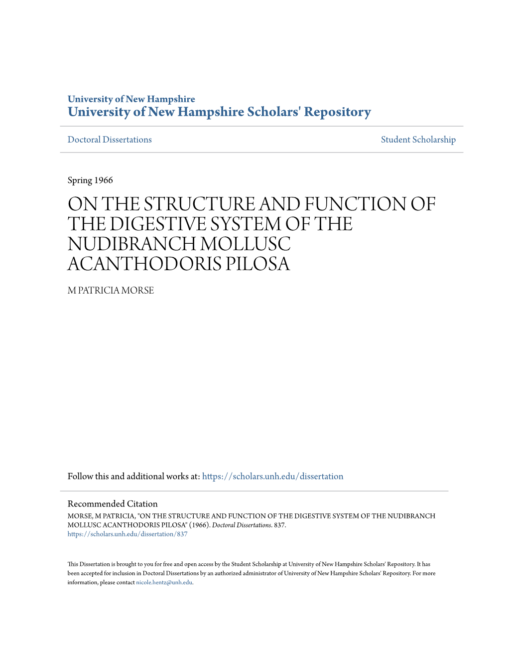 On the Structure and Function of the Digestive System of the Nudibranch Mollusc Acanthodoris Pilosa M Patricia Morse